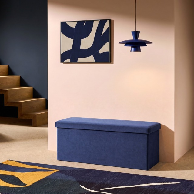 OHS Matte Velvet Foldable Rectangle Storage Ottoman - Navy - image 1