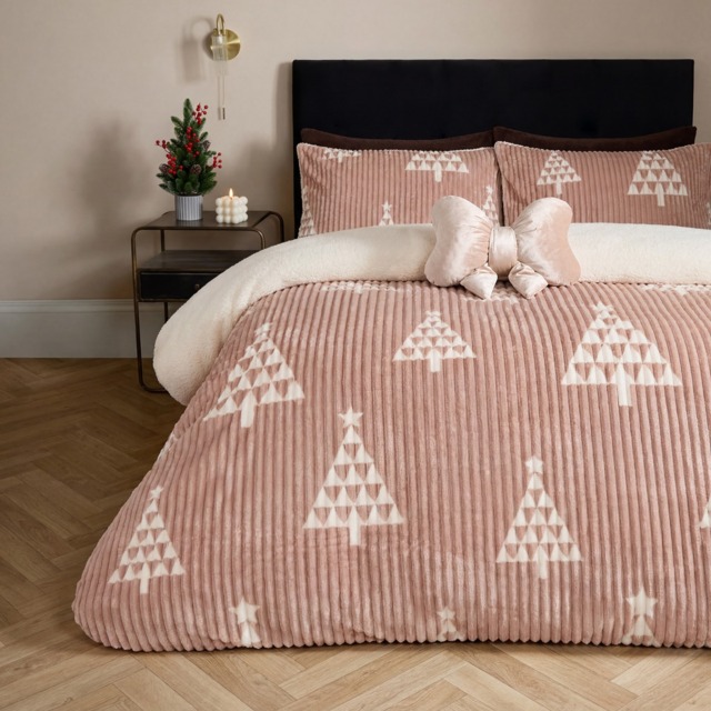 OHS Winter Tree Print Ribbed Fleece Duvet Cover Set, Natural - Double - image 1