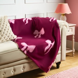 OHS Bow Print Fleece Throw, Burgundy/Pink - 120 x 150cm - thumbnail 1