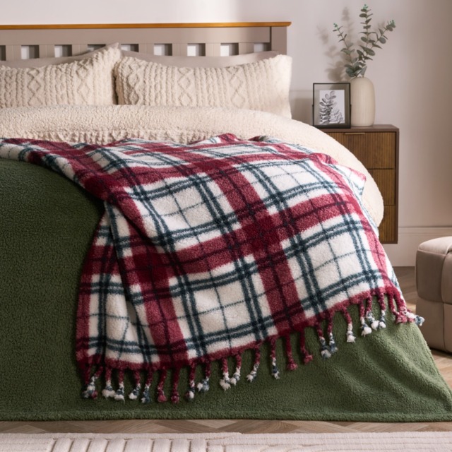 OHS Check Tassel Sherpa Throw - Red/Green - image 1
