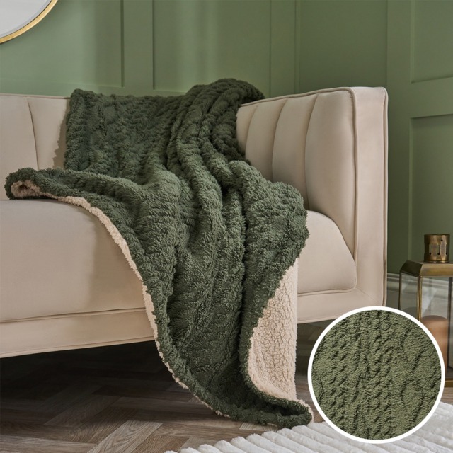 OHS Cable Knit Sherpa Throw, Woodland Green - 130 x 160cm - image 1