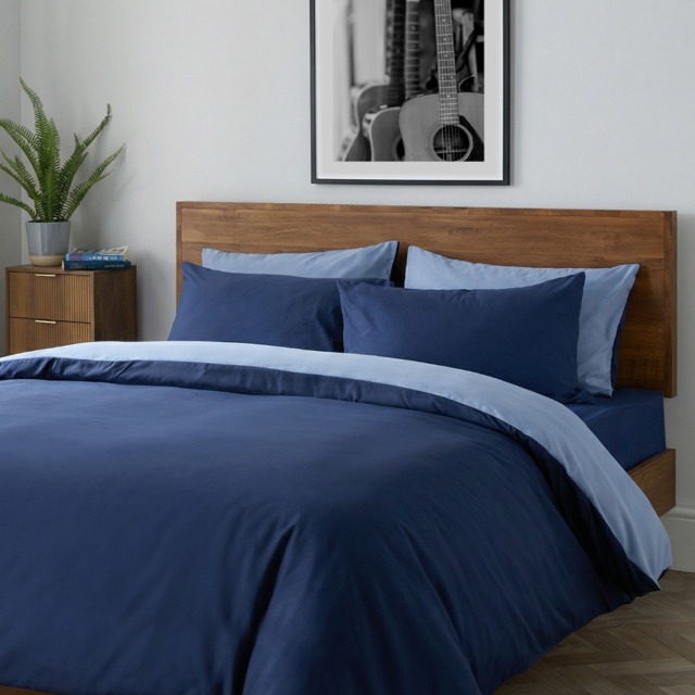 OHS Plain Dyed Duvet Cover Quilt Bedding Set With Pillowcase Navy Blue Single - image 1
