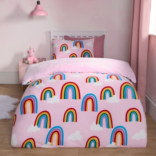 OHS Rainbow Print Fleece Duvet Set, Pink - Single - image 1
