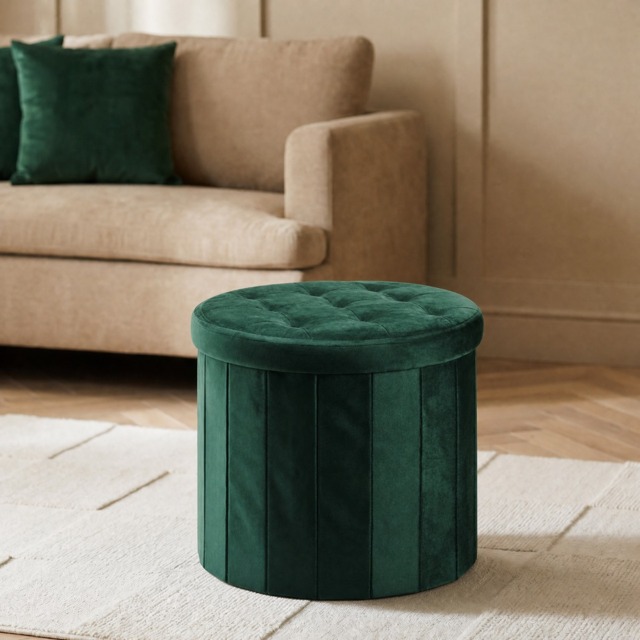 OHS Matte Velvet Foldable Round Storage Ottoman - Woodland Green - image 1