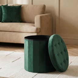OHS Matte Velvet Foldable Round Storage Ottoman - Woodland Green - thumbnail 2