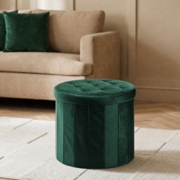 OHS Matte Velvet Foldable Round Storage Ottoman - Woodland Green