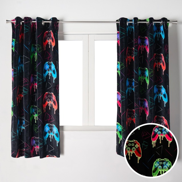 OHS Kids Gaming Print Glow In The Dark Velvet Eyelet Curtains, Multi - 46 x 72in - image 1