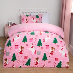 OHS Christmas Unicorn Fleece Duvet Set, Pink - Single - thumbnail 1