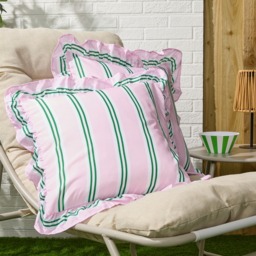 OHS 4 Pack Stripe Print Frill Cushion Covers - Pink/Green - thumbnail 4