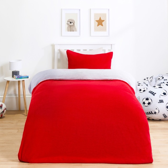 OHS Teddy Fleece Reversible Duvet Cover Set, Red/Grey - Single - image 1