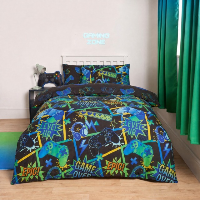 OHS Polycotton Comic Gaming Duvet Cover Set, Neon Green - Double - image 1