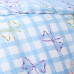 OHS Bow Print Gingham Duvet Cover & Frill Edge Pillowcase Set, Blue/White - Single - thumbnail 4