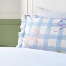 OHS Bow Print Gingham Duvet Cover & Frill Edge Pillowcase Set, Blue/White - Single - thumbnail 3