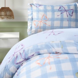 OHS Bow Print Gingham Duvet Cover & Frill Edge Pillowcase Set, Blue/White - Single - thumbnail 2