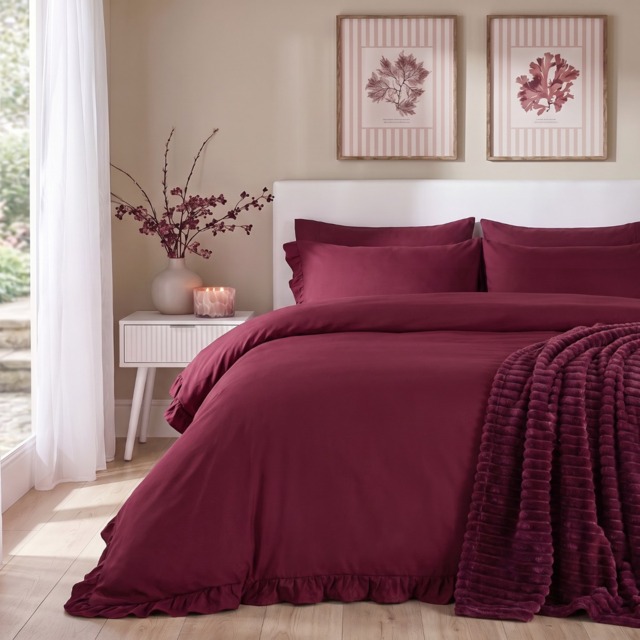 OHS Frill Edge Duvet Cover Set, Burgundy - Double - image 1
