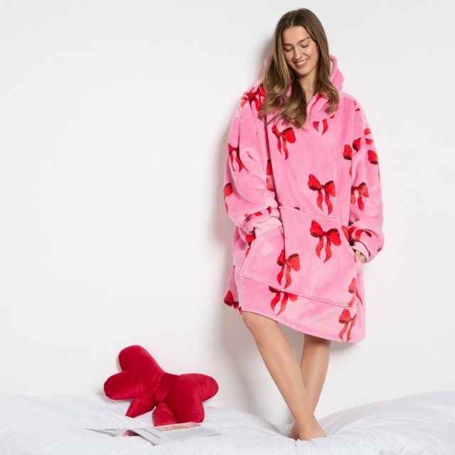 OHS Adults Bow Print Hoodie Blanket - Pink - image 1
