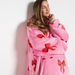 OHS Adults Bow Print Hoodie Blanket - Pink - thumbnail 4