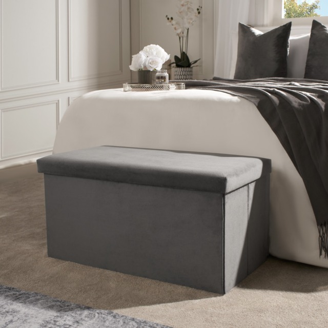 OHS Matte Velvet Foldable Rectangle Storage Ottoman - Charcoal - image 1