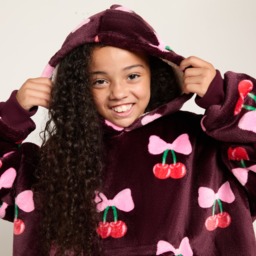 OHS Kids Cherry Bow Print Hoodie Blanket - Burgundy - thumbnail 4