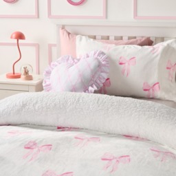 OHS Bow Print Fleece Duvet Cover Set, Pink/White - Single - thumbnail 3