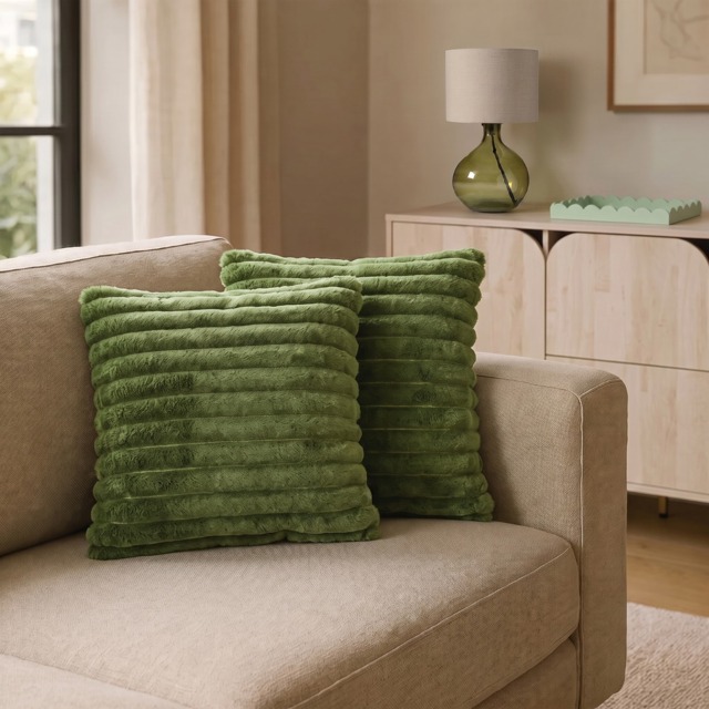 OHS Faux Fur Thick Ribbed Cushion Covers, Woodland Green - 45 x 45cm - image 1