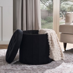 OHS Matte Velvet Foldable Round Storage Ottoman - Black - thumbnail 2