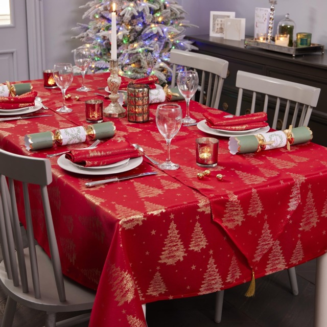 OHS Metallic Christmas Tree Tablecloth, Red/Gold - 52in x 90in - image 1