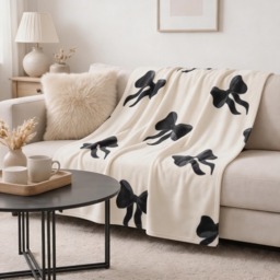 OHS Bow Print Fleece Throw, Monochrome - 120 x 150cm