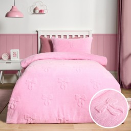 OHS Bows Tufted Teddy Fleece Duvet Cover Set, Pink - Double - thumbnail 1