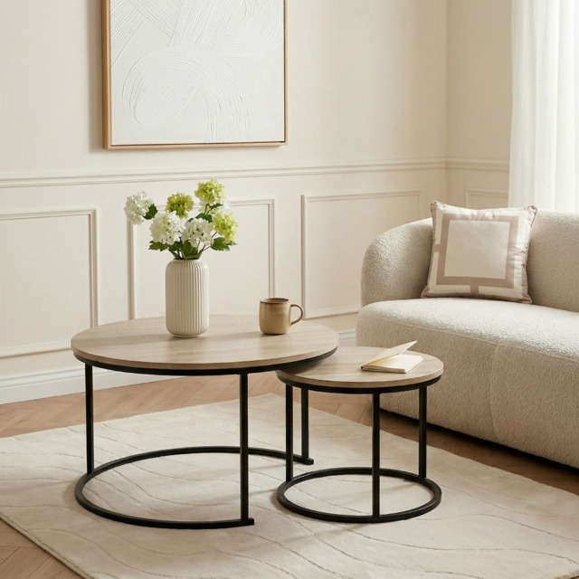 OHS Nest of 2 Round Coffee Tables - Light Wood - image 1