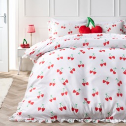 OHS Cherry Print Frill Edge Duvet Set, White/Red - Single - thumbnail 1
