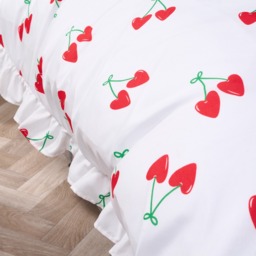 OHS Cherry Print Frill Edge Duvet Set, White/Red - Single - thumbnail 3