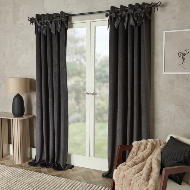 OHS Bow Velvet Eyelet Curtains, Grey - 90 x 90in - image 1