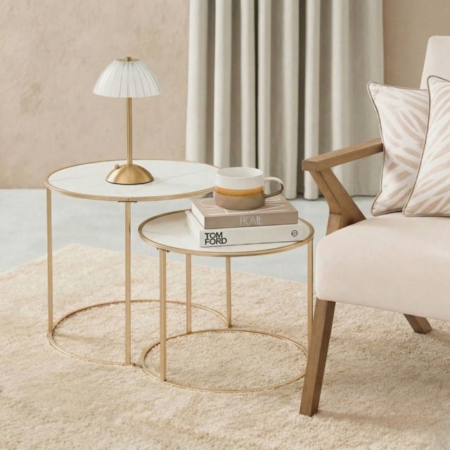 OHS Manhattan Marble Effect Nest of 2 Round Side Tables - White/Gold - image 1