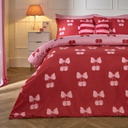 OHS Cherry Bow Print Reversible Duvet Cover Set, Pink/Red - Single - thumbnail 2