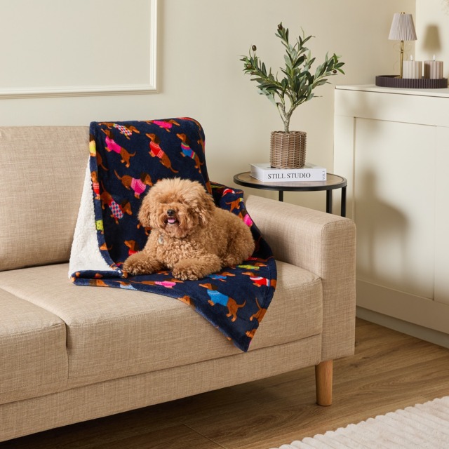 OHS Pet Sausage Dog Print Sherpa Reverse Throw - Navy - image 1