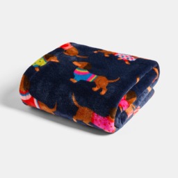 OHS Pet Sausage Dog Print Sherpa Reverse Throw - Navy - thumbnail 3