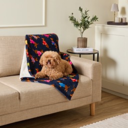 OHS Pet Sausage Dog Print Sherpa Reverse Throw - Navy