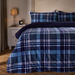 OHS Tartan Check Teddy Duvet Cover Set, Navy - Super King - thumbnail 1