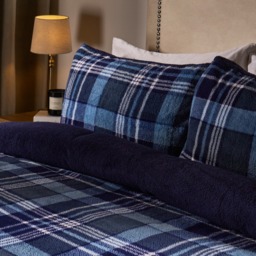 OHS Tartan Check Teddy Duvet Cover Set, Navy - Super King - thumbnail 2