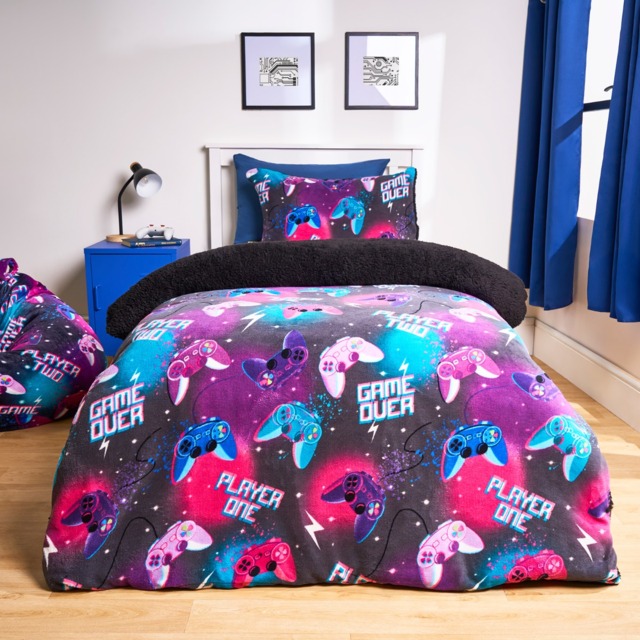 OHS Gaming Print Fleece Duvet Cover Set, Neon - Single - image 1
