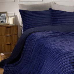 OHS Ribbed Faux Fur Duvet Cover Set, Navy - Superking - thumbnail 2