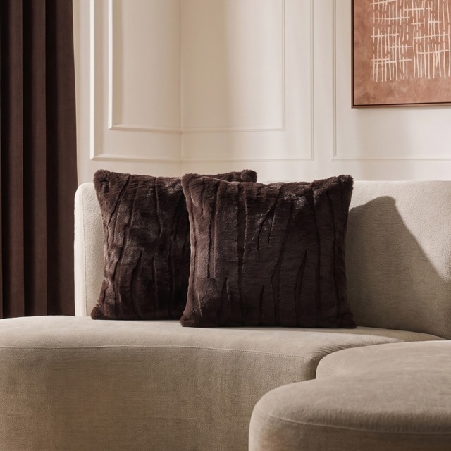 OHS 2-Pack Carved Faux Fur Cushion Covers, Coffee - 45 x 45cm - image 1
