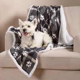 OHS Pet Winsford Check Paw Flannel Fleece Throw - Grey - thumbnail 1