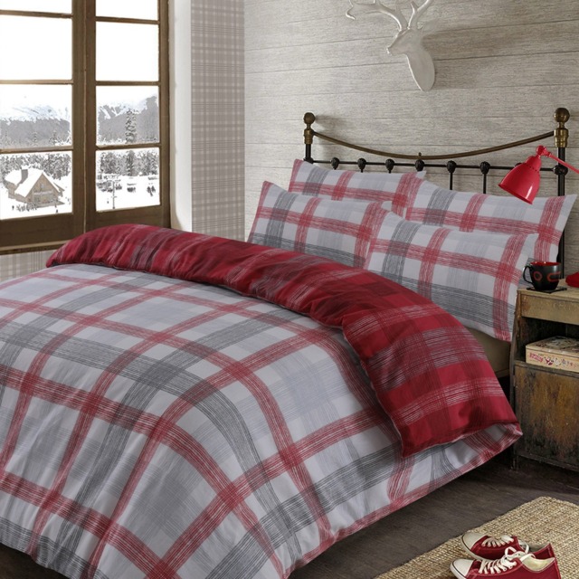 OHS Boston Brushed Cotton Check Tartan Duvet Cover Bedding Set - Red - Single - image 1