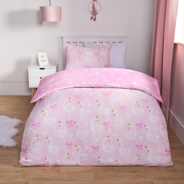 OHS Swan Print Reversible Duvet Cover Set, Pink - Double