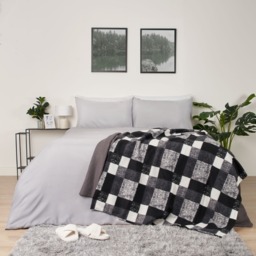 OHS Tartan Check Fleece Throw, Monochrome - 120 x 150cm