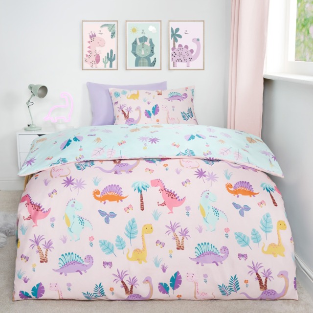OHS Kids Dinosaur Print Reversible Duvet Cover Set, Pink/Blue - Single - image 1