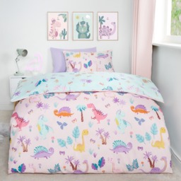 OHS Kids Dinosaur Print Reversible Duvet Cover Set, Pink/Blue - Single - thumbnail 1