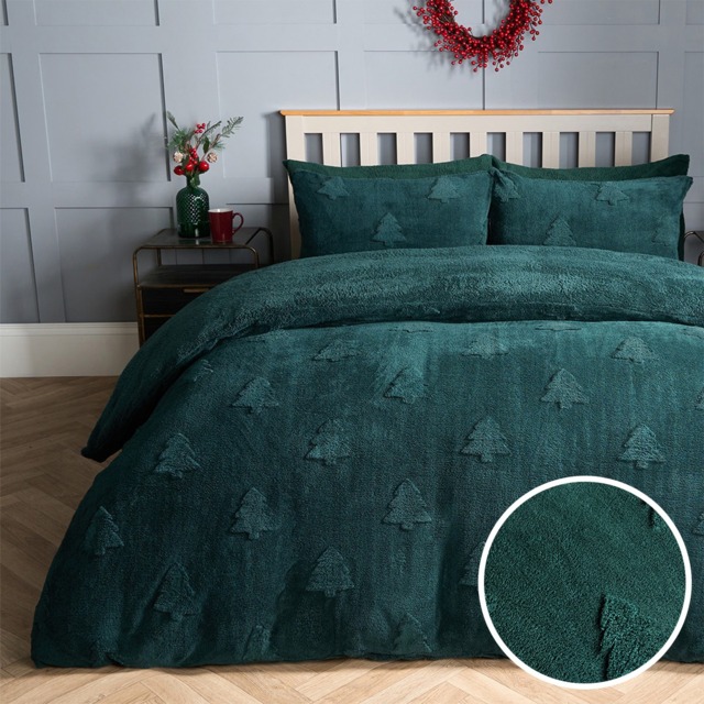 OHS Winter Tree Tufted Teddy Fleece Duvet Set, Forest Green - Double - image 1